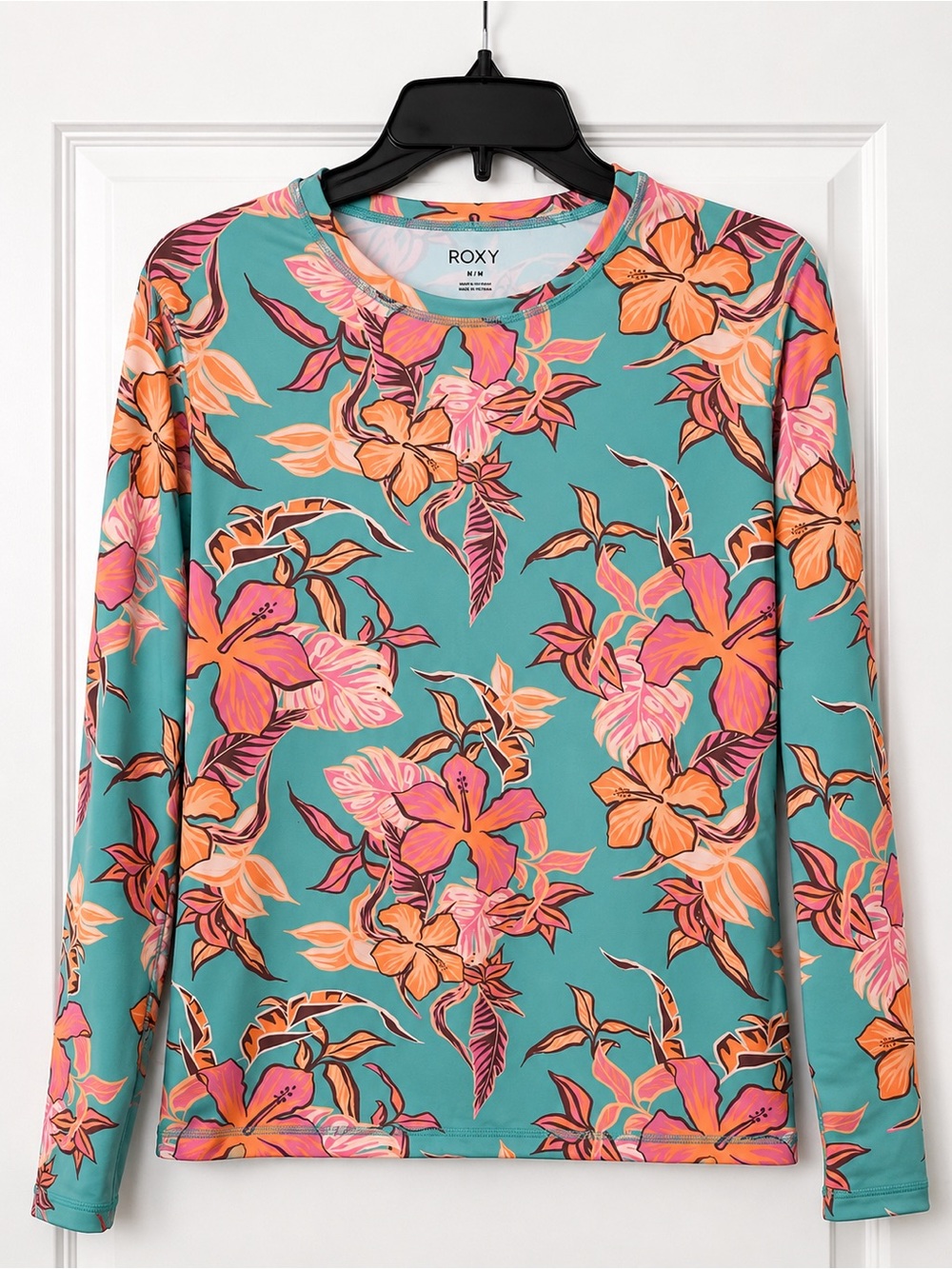Roxy Teal Floral Long Sleeve Rash Guard with Pink & Orange Flowers